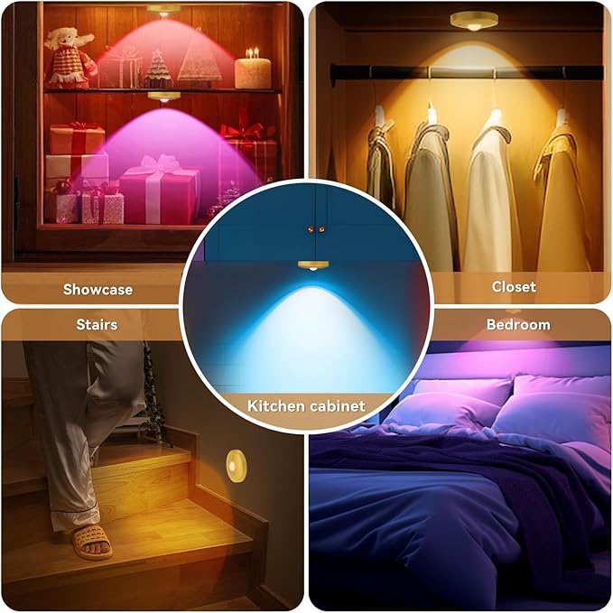 Rechargeable Puck Lights with Remote, 6 Pack Magnetic Under Cabinet Lighting, 1500mAh Battery Operated LED Tap Lights with Dimmer & Timmer for Kitchen, Closet, Shelf - 3 Color Temps & 12 RGB, Gold