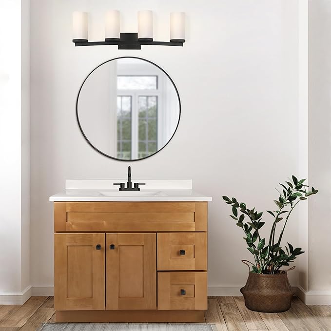 Design House Desta Vanity Light, 4-Light, Curved Bar Design, Frosted Glass Glow, Dimmable, Up/Down Mountable, E26 Socket, Black, 30.0 in L x 6.6 in W x 9.5 in H, 589168-BLK