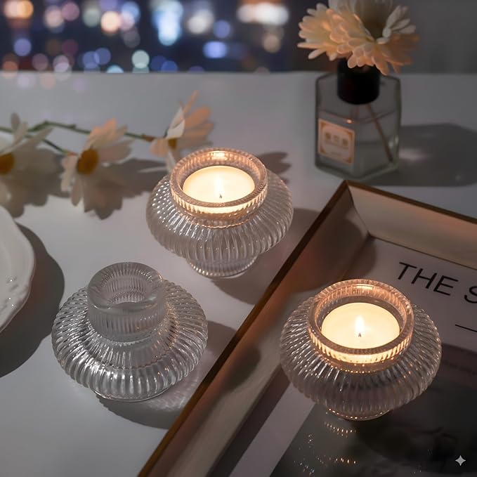 Glass Candlestick Holders -10Pcs Taper Candle Holders Clear Candle Sticks Holder Decor Ribbed Glass Votive Candle Holder for Table Centerpiece Wedding Christmas Dinner Party