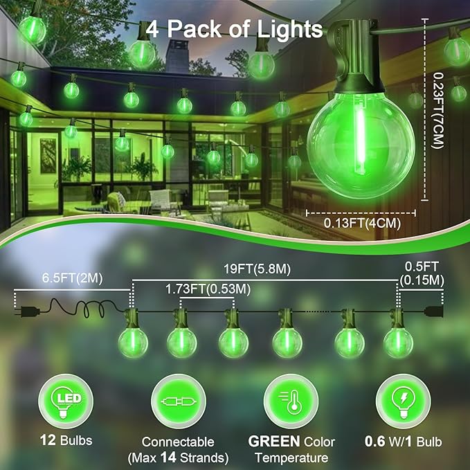 LAMPHOME 4Pack Green St. Patrick's Day LED Outdoor String Lights, 26Ft Patio Lights with 12+1 Edison Shatterproof Bulbs(1 Spare), Irish Theme Connectable Lights for Backyard Porch Party Outside Decor