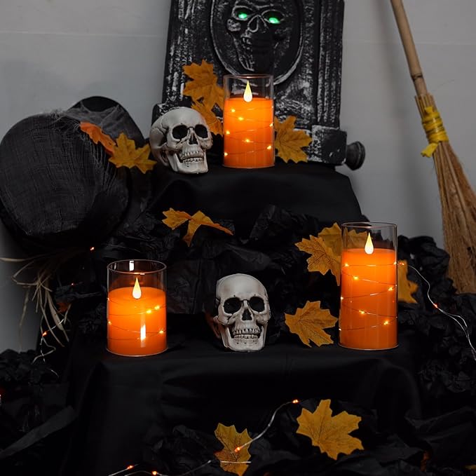Homemory Halloween Orange Flameless Candles with String Lights, Battery Operated LED Candles with Remote and Timer, Candles for Halloween Decoration, Fall, Harvest Festival