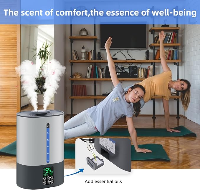 6L Humidifiers for Bedroom Large Room Home,Cool and Warm Humidifier for Baby and Plants Mist Top Fill Desk Humidifiers Essential Oil Diffuser, Quiet with Adjustable Mist,360°Nozzle-Grey