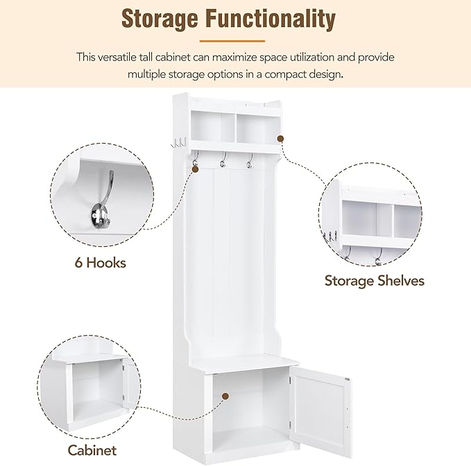 Minimalist Slim 78.7''H Hall Tree with Cabinet & 6 Hanging Hooks, Multi-Functional Storage Bench with Coat Rack, Elegant Foyer Cabinet for Mudrooms Organization Entryway Living Room (White-62s)