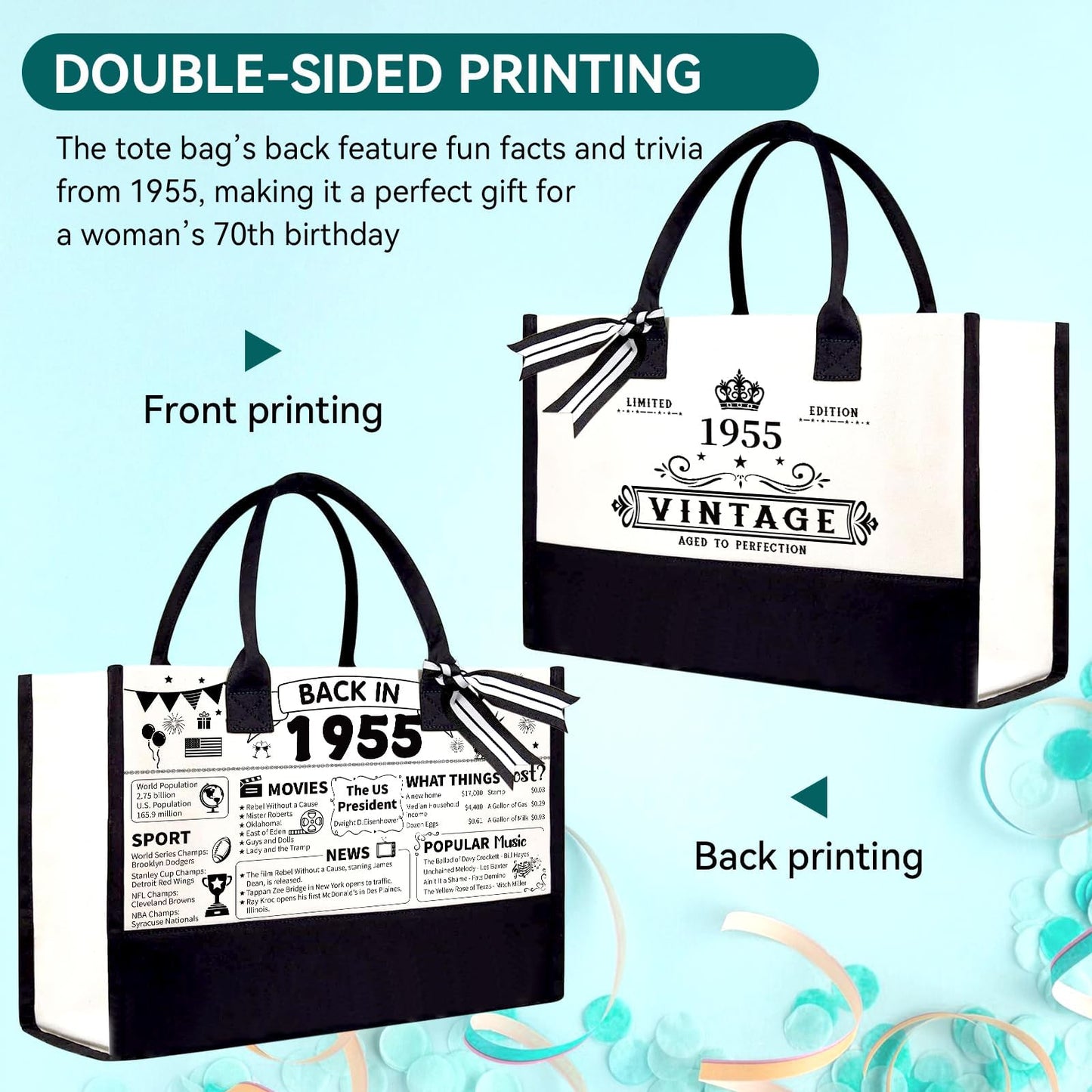 TrophyToast 70th Birthday Gifts for Women Her- 4 pcs, Turning 70 Year Old Gifts, Decorations Canvas Beach Tote Bag & Makeup Bag, Unique Happy 70th Birthday gifts for Her Mom Wife Friends