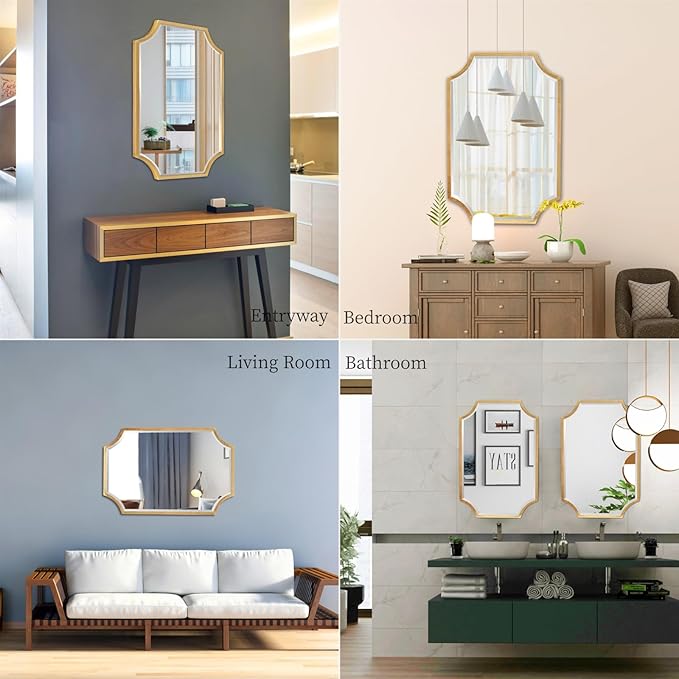 Kelly Miller Small Gold Mirror for Wall, 20"x28" Gold Bathroom Vanity Mirror Scalloped Mirror Decorative Wall Mirror Beveled for Master Bath Half Bath Living Room Bedroom Fireplace Mantle Entryway
