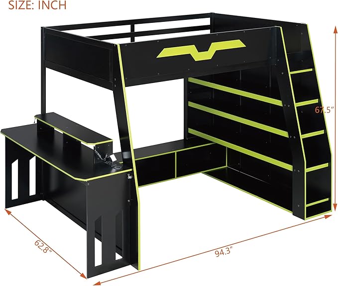 LUMISOL Full Size Wood Loft Bed with Desk and Multi-Storage Shelves, Gaming Loft Bed with RGB LED Lights and Adjustable Desk Placement, Space-Saving Game Bedframe with Under-Bed Storage, Green