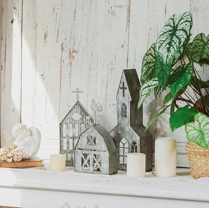 Church Shaped Tea Light Candle Holder Farmhouse Galvanized Metal Candle Holder Vintage Decorative Tealight Holder for Table Centerpiece Decoration - 5.51" x 2.36" x 12.8"