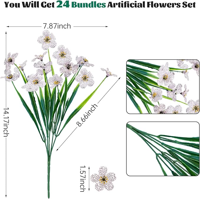 Lnoicy 24 Pcs Artificial Flowers for Outdoor,Plastic Flowers Decoration, UV Resistant Faux Flowers Shrubs, Artificial Plants for Indoor Outside Garden Home Wedding Farmhouse(White)