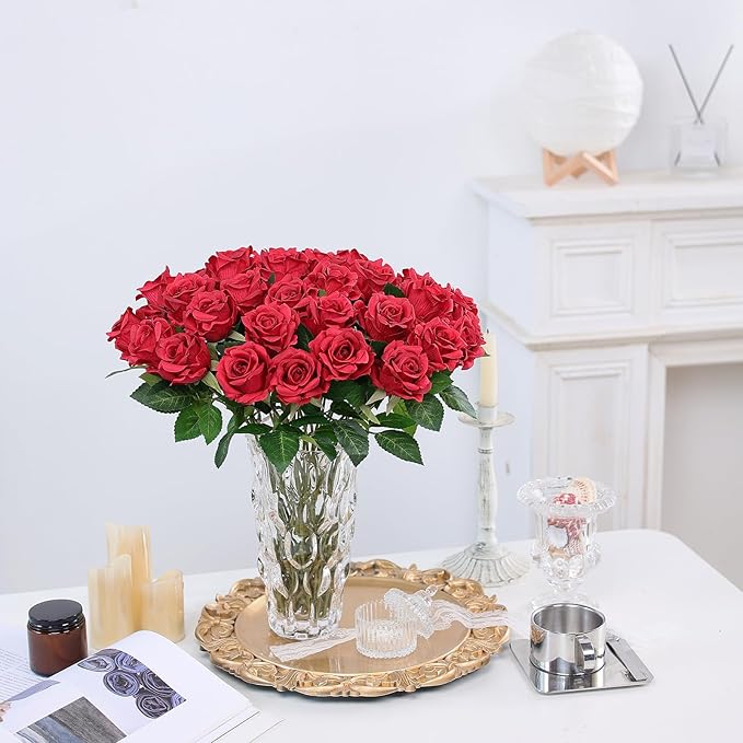 FOTEEWL 60 Pcs Artificial Rose Flower Realistic Faux Silk Roses Stem Fake Roses Bouquet for Flower Arrangement,Wedding Centerpieces,Party,Home Decorations (Burgundy)