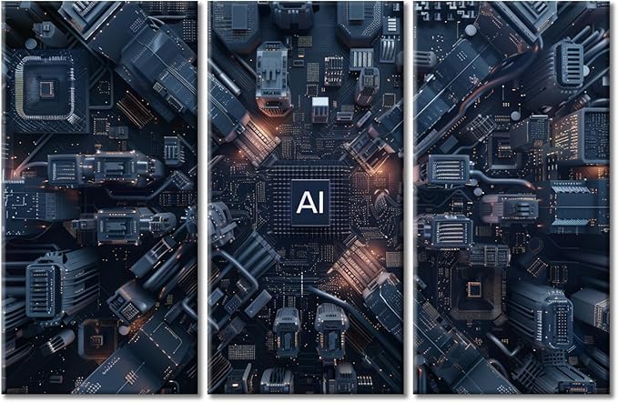Large 3 Piece Canvas Wall Art 3D Technology Motherboard Pictures Art Paintings AI Advanced Circuitry Modern Home Decor Print for Home Living Room Dining Room Office Framed Ready to Hang 60"Wx40"H