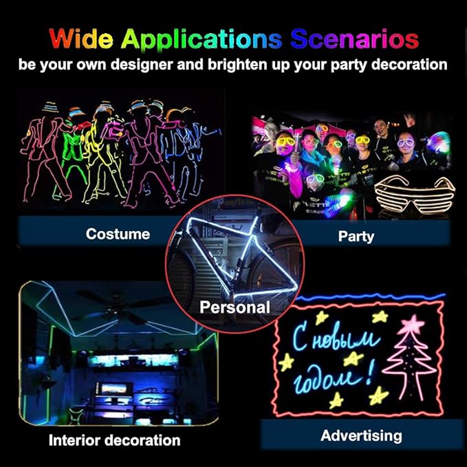 MaxLax EL Wire Blue, 32.8ft/10m Portable Battery Pack Neon Light Strip 360° Cuttable Glowing Rope Lights for Parties, Halloween, DIY Decoration