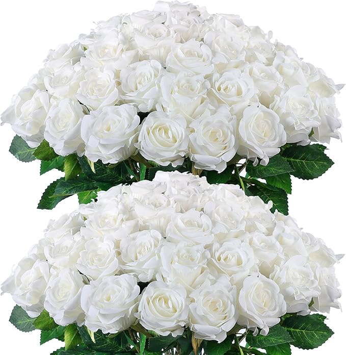FOTEEWL 60 Pcs Artificial Rose Flower Realistic Faux Silk Roses Stem Fake Roses Bouquet for Flower Arrangement,Wedding Centerpieces,Party,Home Decorations (White)