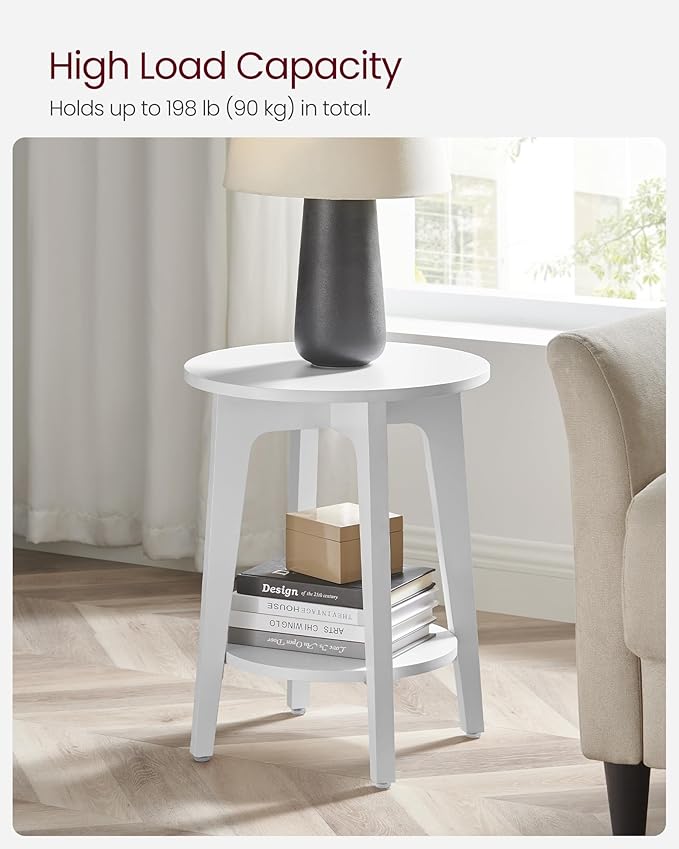 VASAGLE MAEZO Collection - Side Table, 2-Tier Small Round End Table, Nightstand with Tapered Legs, Curved Transitions, for Small Spaces, Living Room, Bedroom, Cloud White ULET283T14