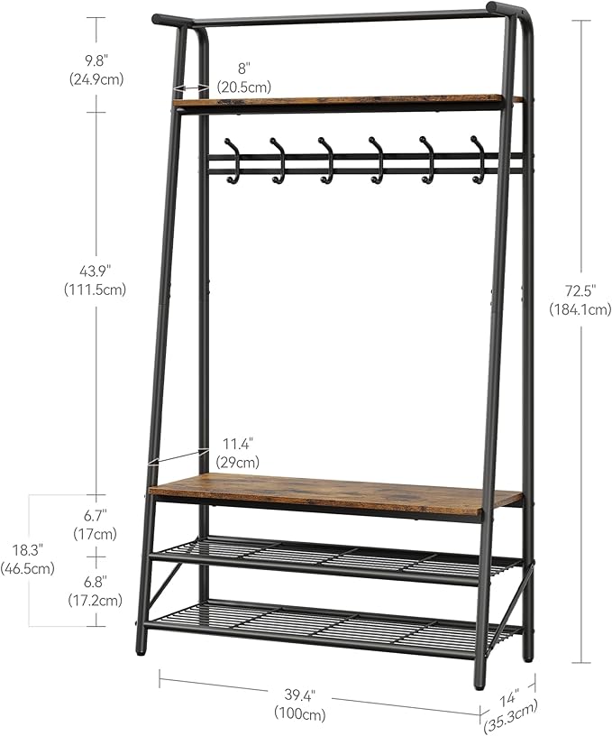 Coat Rack Hall Tree with Shoe Storage Bench, 4-in-1 Entryway Organizer, 6 Hooks & 3-Tier Shoe Rack, Freestanding Metal Frame for Hallway, Front Door