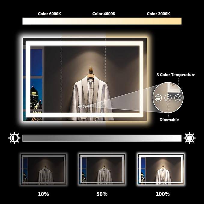 55x36 Inch LED Bathroom Mirror with Lights Front and Backlit Lighted Vanity Mirror for Bathroom Wall with 3 Colors Dimmable Anti-Fog Memory Shatter-Proof IP54 Waterproof Horizontal/Vertical