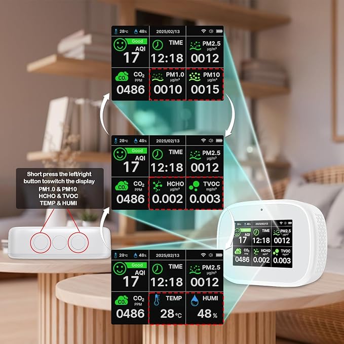 18-in-1 Smart Air Quality Monitor - Indoor WiFi Air Quality Detector with Dual Chip, Real-Time for AQI, CO2, PM2.5, PM1.0, PM10, TVOC, HCHO, Time, Temperature & Humidity with APP (White-Black)