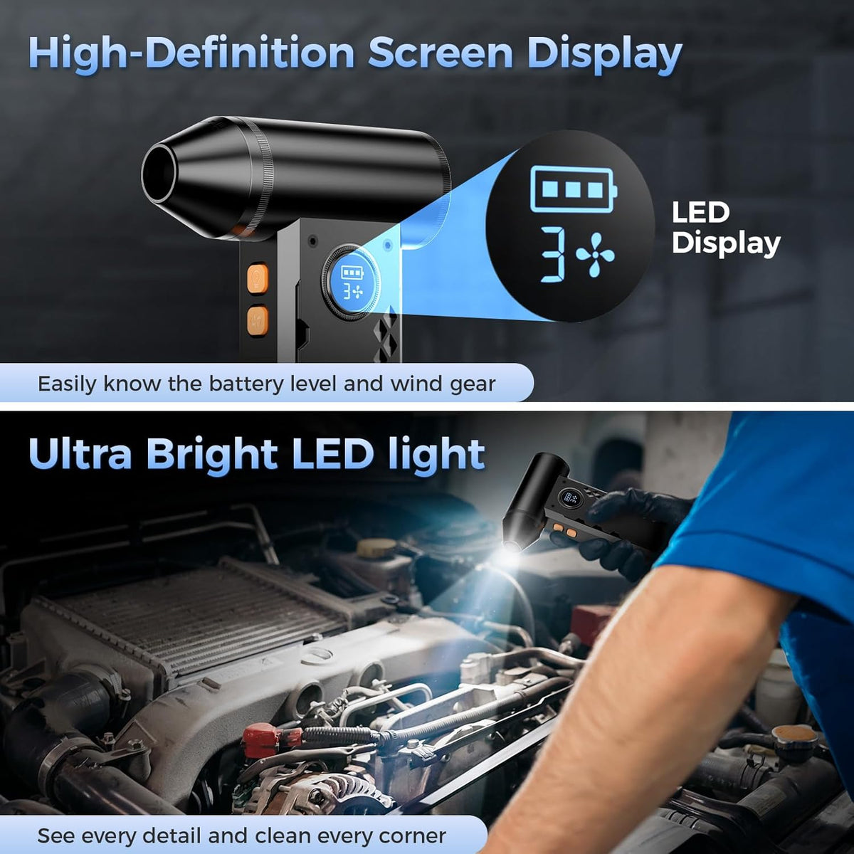 Compressed Air Duster, 150000RPM Electric Air Duster with LED Display & Light, 4 Gear Adjustable Cordless Air Blower, Rechargeable Brushless Motor Turbo Fan for Keyboard, Electronic Devices, Home, Car