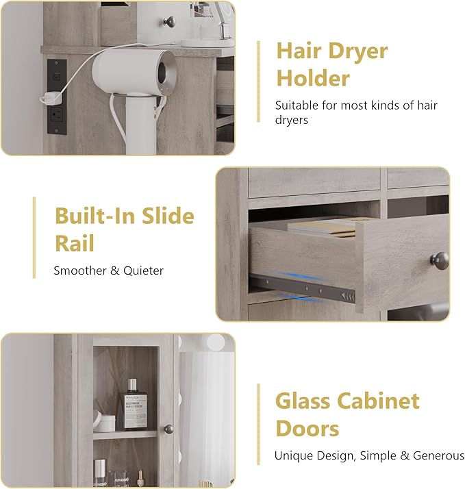 Makeup Vanity Desk with Mirror and Lights, Grey Vanity Table Set with Storage Drawers, Charging Station & Cabinets, Large Dressing Table with RGB Ambient Light for Women Girls Bedroom Bathroom