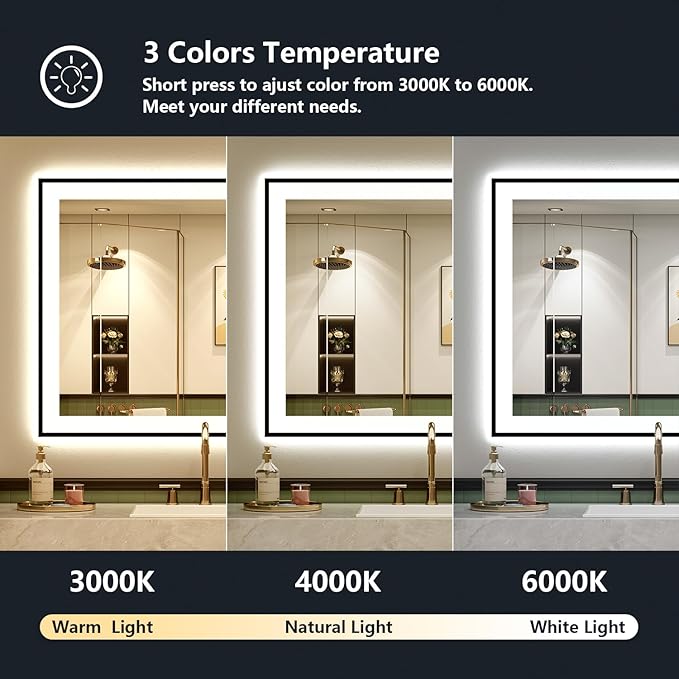 24x36 Inch LED Bathroom Mirror with Lights (Front Lit and Backlit) Black Framed Lighted Vanity Mirror for Bathroom Wall Dimmable Anti-Fog Memory Tempered Glass Horizontal/Vertical