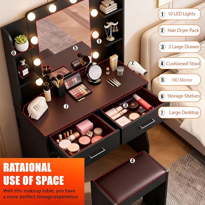 Vanity Desk with Mirror & Light, Makeup Vanity Table with Power Strip, Hair Dryer Holder & 2 Drawers & 3 Open Shelves, 3 Lighting Modes Adjustable Brightness, Dressing Table Set, Black