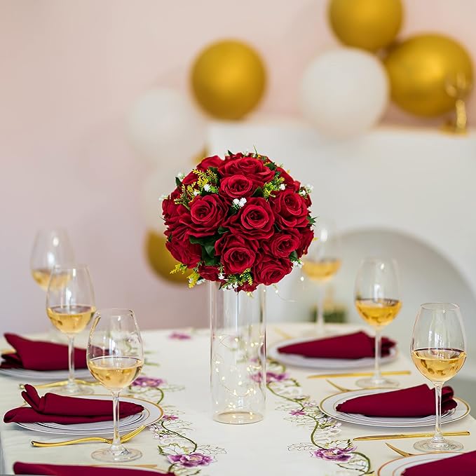 BLOSMON Flower Centerpieces for Tables Wedding: 10 Pcs Crimson Red Artificial Rose Flowers Balls Decoration - 9.5 Inch Fake Silk Kissing Floral Arrangement for Home Party Event DIY Decor