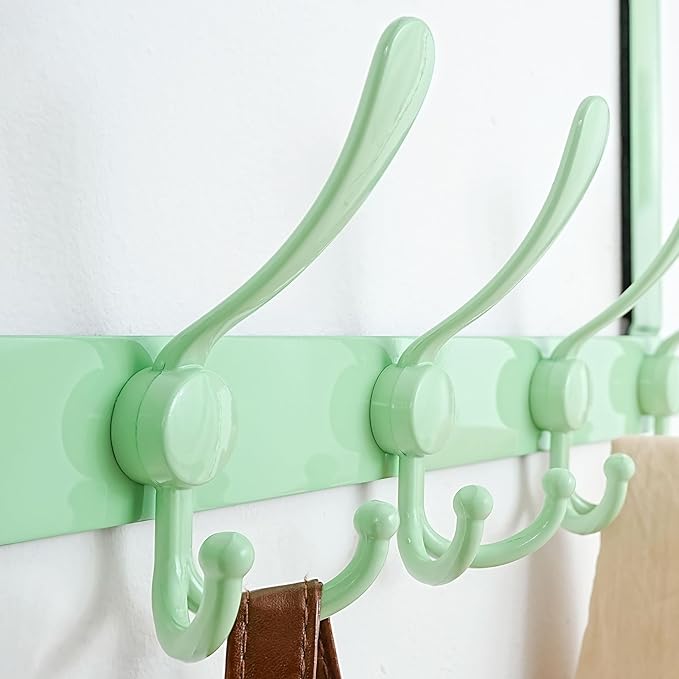 Dseap Over The Door Hook Hanger - Fits 1 3/8" to 1 3/4" Standard Doors | 5 Tri Hooks Heavy Duty Towel/Coat Rack | Door Organizer for Clothes, Jackets, Hats, Towels, Green