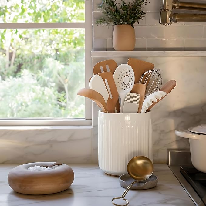 JIEMEI HOME Utensil Holder, 7.2" Large Ceramic Stable Utensil Crock for Kitchen Counter, Utensil Holder with Cork Mat, Removable Bamboo Divider for Easy, Kitchen Decor, White