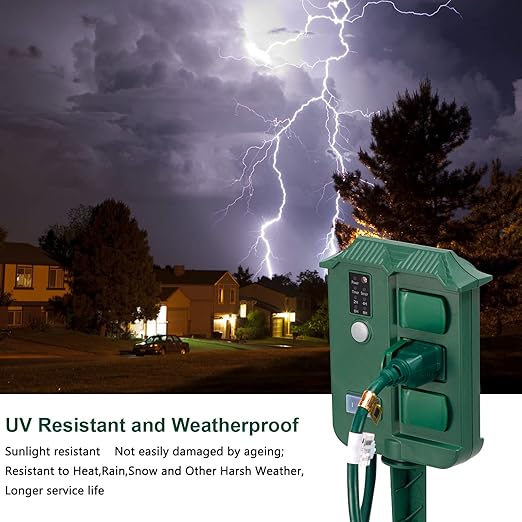 Outdoor Light Timer Waterproof, Dusk to Dawn Power Stake Timer Remote Control, 6 Grounded Electrical Outlets Timer for Outdoor Christmas Lights, Yard, Garden, Backyard, Halloween Decoration,13A