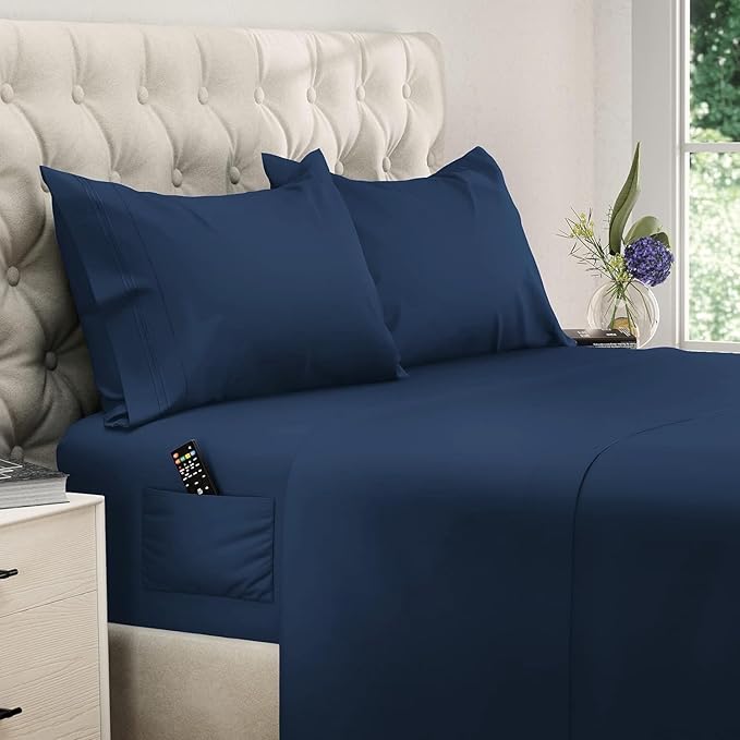DREAMCARE King Size Sheets Set – 4 pcs Cooling Sheets – up to 21” Deep Pocket King Sheet Set – Hotel Luxury Sheets & Pillowcases – Superior Softness 100% Fine Microfiber with Side Pocket – Navy Blue