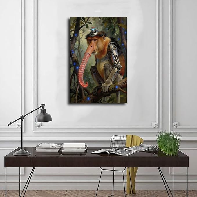Framed Steampunk Mechanical Proboscis Monkey Wall Art - Jungle Neon Retro Poster for Apartment Leisure Area Decor 12x18inch(30x45cm)
