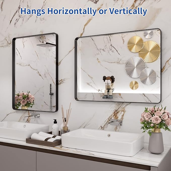 WEER Black Bathroom Mirror 24X32 Inch, Rectangular Black Metal Frame Mirror, Matte Black Bathroom Vanity Mirror with Tempered Glass, Rounded Corner, Anti-Rust (Horizontal/Vertical)