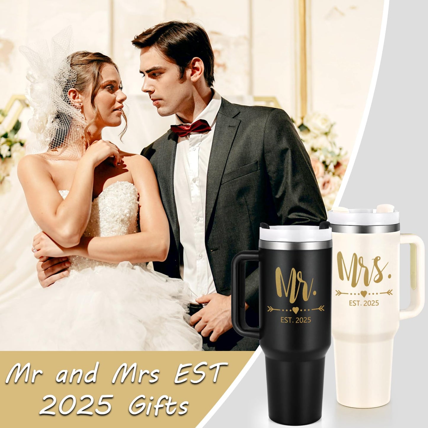 Qtencas Mr and Mrs Gifts, Mr and Mrs EST 2025 Stainless Steel Travel Tumblers Set, 40 oz 2025 Travel Mug for Couples Newlyweds, Engagement Wedding Gifts, Bridal Shower Anniversary Cups（Black & Beige）