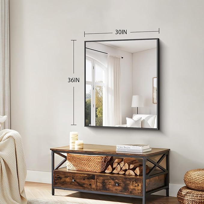 Koonmi Black Framed Bathroom Mirror - Shatterproof 30"x36" Tempered Glass, HD No Distortion, Horizontal/Vertical Mount, Modern Matte Aluminum Alloy Frame