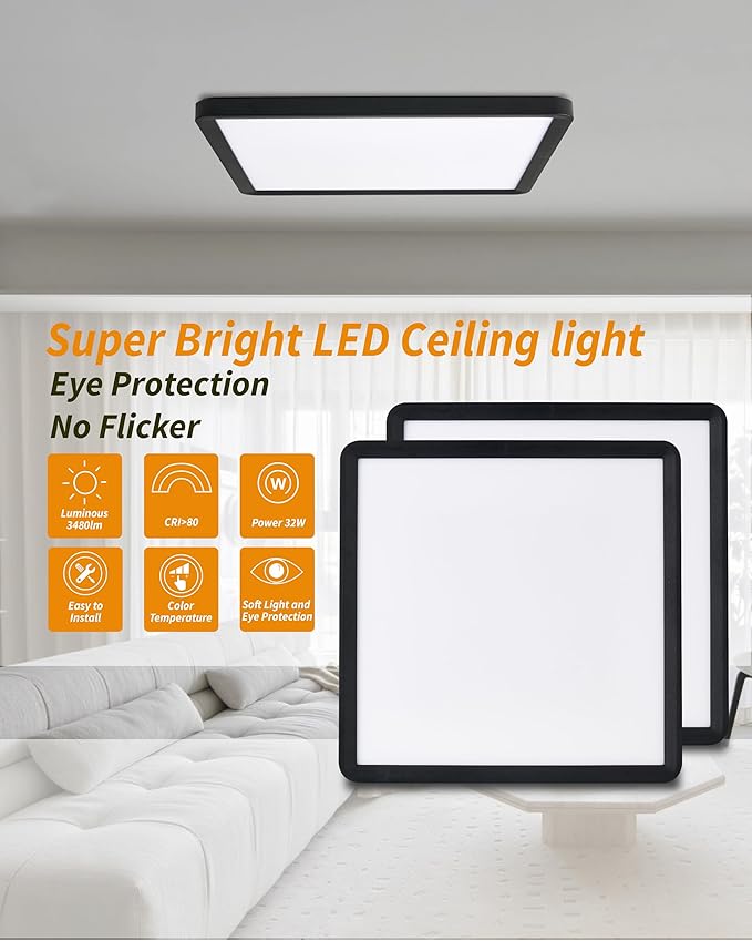 Square Led Flush Mount Ceiling Light,16 Inch 40w 3820lm led Light 3000k,4000k,6000k CCT Selectable,Flat Panel Super Slim Led Ceiling Light Fixture,for Living Dining Kitchen Bedroom Room (1Pack-Black)