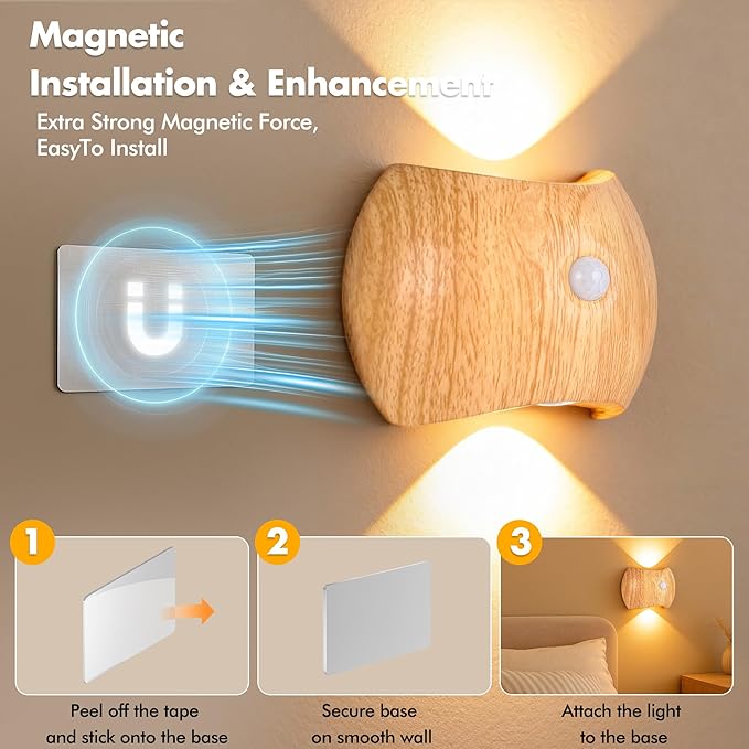 Motion Sensor Wall Lights Indoor - Rechargeable Wall Lights Up & Down, Wireless Battery Operated Wall Sconce Set of 2 for Bedroom, Hallway, Stair, Living Room Decor, Wood Cordless Magnetic Lamp Light