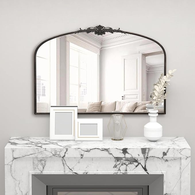 Besdomus Antique Arched Large Mirror: 48"x33" Oversize Black Arch Antique Wall Mounted Mirror - Baroque Traditional Ornate for Living Room/Fireplace/Bathroom- Home Decor for Interior Designers