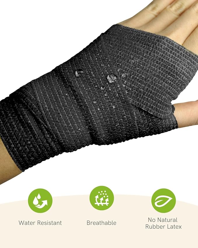 FriCARE Self Adhesive Bandage Wrap, Medical Tape in First Aid Kit, Cohesive Bandages for Wounds Sport Vet, FSA/HSA Eligible, 2 Inches X 5 Yards 6 Rolls, Black