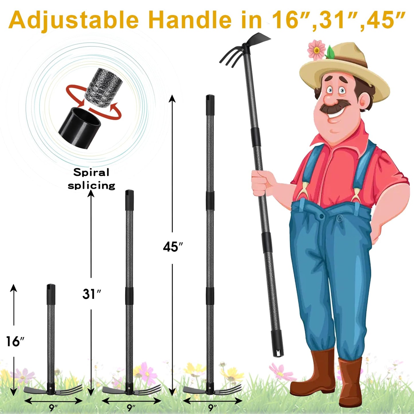 Hoe and Cultivator - 45” Long Handle - Heavy Duty Garden Hoe Tiller, Standing Hoe Garden Tools Durable Cultivator Hoes Hand Rake Fork for Gardening Weeding Planting Loosening Soil