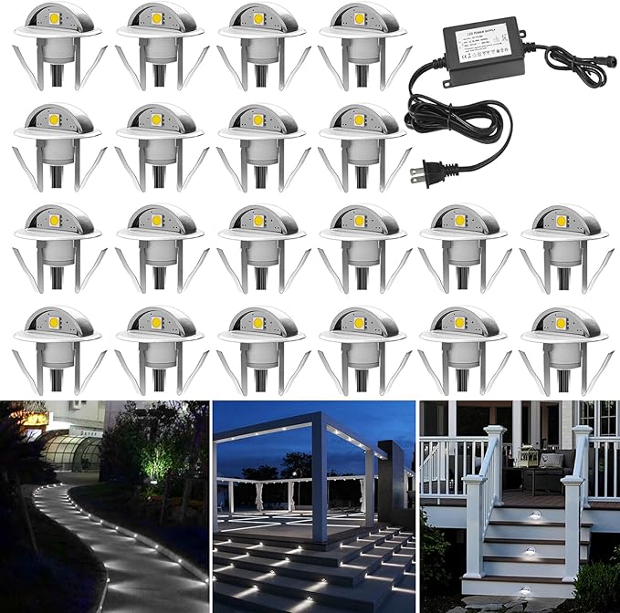 20 Pack LED Stair Lights Kit Low Voltage Waterproof IP65 Outdoor 1-2/5" Recessed Wood LED Deck Lighting Yard Garden Patio Step Landscape Pathway Decor Lamps, Cold White