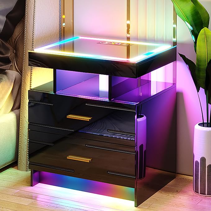 HNEBC RGB Nightstand with Wireless Charging Station, LED Night Stand with Motion Sensor Lights, Smart Bedside Table with Changing Strip Lights with Remote,High Gloss Side Table/Glass Top (Black)