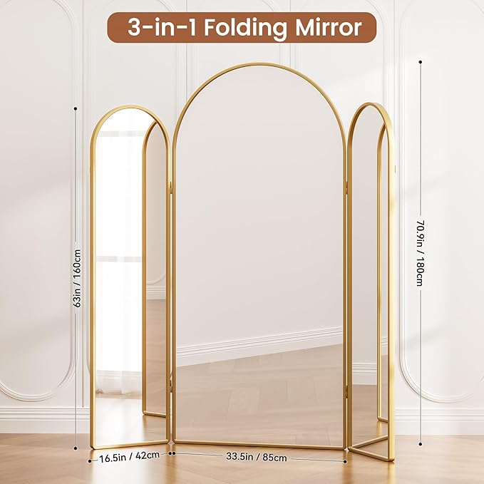 3 Way Arched Full Length Mirror Free Standing, 71"x 67" Large Modern Trifold Mirror, 3-in-1 Detachable Panel Tempered Glass & Metal Frame, for Dressing Room, Bridal Shop,Clothing Store (Gold)