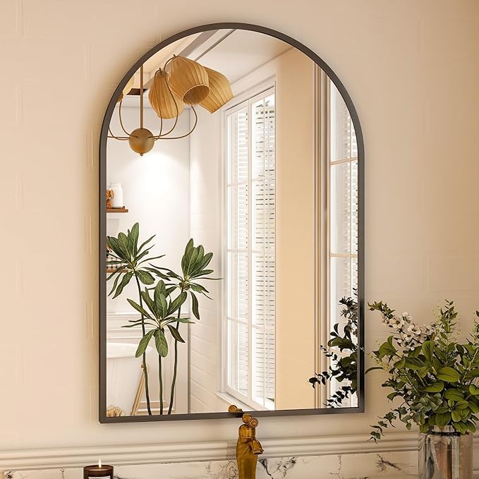 VooBang Arched Wall Mirror, 32 x 48 inch Arch Bathroom Mirror, Wall Mounted Vanity Mirror with Arch Metal Frame, Modern Bathroom Vanity Mirror for Bedroom, Living Room, Hanging or Leaning, Black