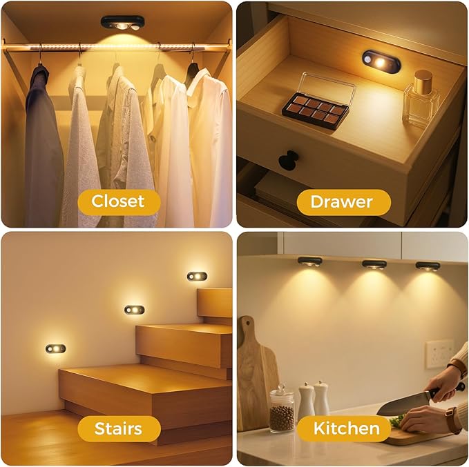 LED Motion Sensor Puck Lights, Small Rechargeable Under Cabinet Light, Dimmable Warm White Closet Lights, Wireless Under Cabinet Lighting for Drawer, Kitchen (4 Pack, Black)