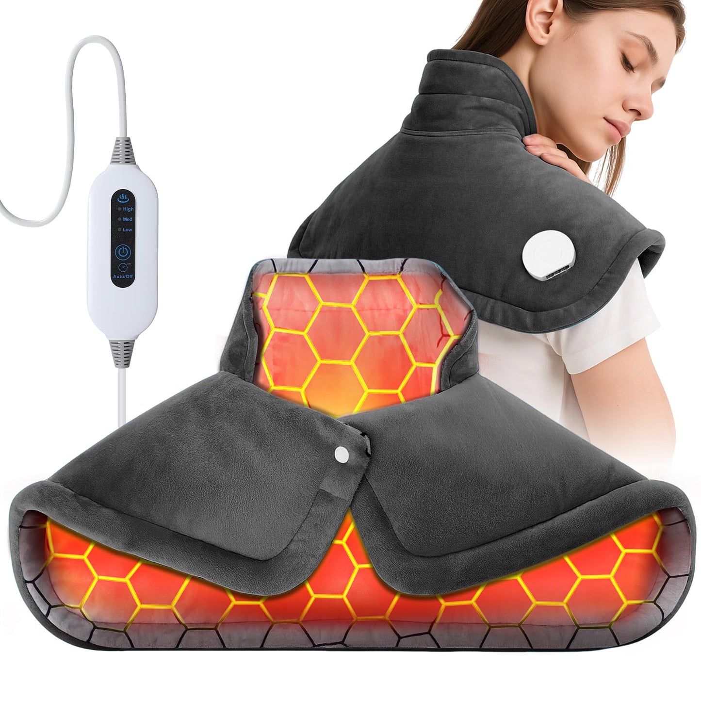 Tovve Heating Pad for Neck, Large Wearable Relax Muscles for Back Shoulders, Birthday Gifts for Women Men Mom Dad Elderly, 3 Heat Settings/2-Hour Safe Auto-Off, 23"×17" Ergonomic Fit Design-Gray
