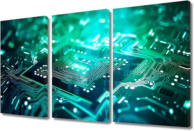TUMOVO Semiconductor Chip Wall Pictures for Living Room Wall Decoration Chip Wall Art Large Wall Decor Circuit Board Canvas Wall Art 3 Pieces Artwork Wall Decor Framed Ready to Hang, 36" Wx24 H