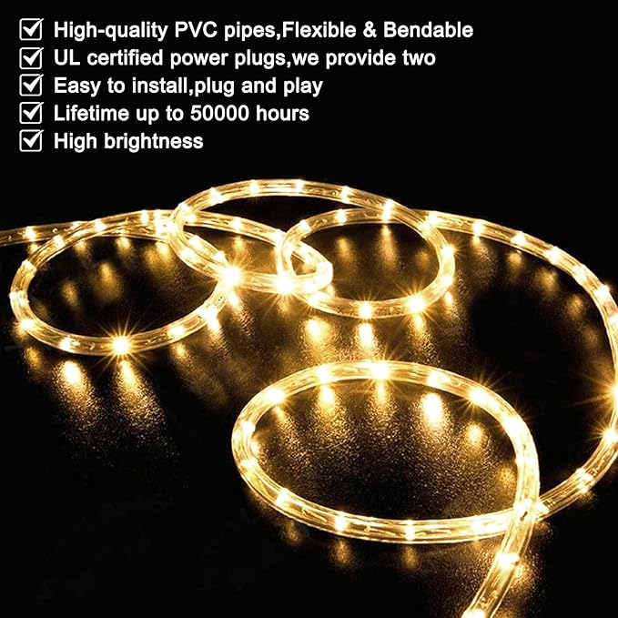 SURNIE LED Rope Lights Outdoor Warm White, Waterproof 50FT Cuttable 3000K Lighting Indoor 110V Connectable Flexible Electric Lights for Christmas Trees Bedroom Outside Patio Decor, Not Flat Strip