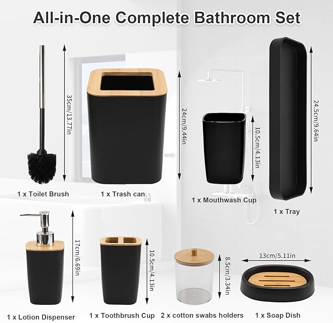 Black Bathroom Accessories Set, 9-Piece Modern Bathroom Accessory Kit with Soap Dispenser, Toothbrush Holder, Mouthwash Cup, 2 Qtip Holders, Trash Can, Soap Dish, Toilet Brush & Vanity Tray