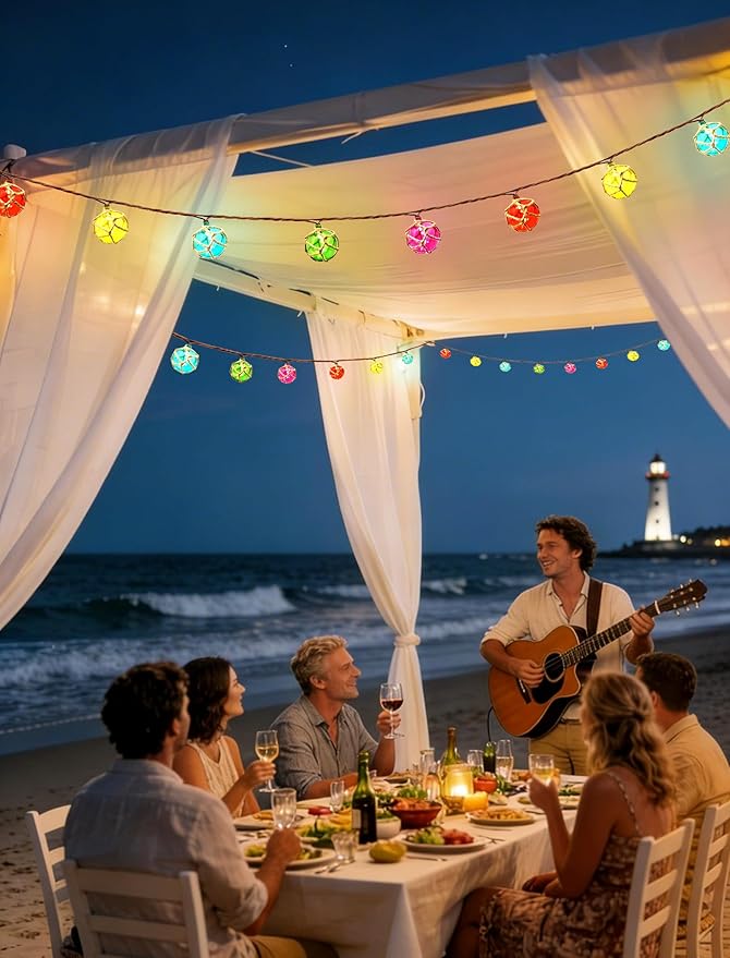 8.5 Ft Nautical Fishing Float String Lights, Plug in Beach Themed Buoy Lights Set of 10 LED Tiki Bar Lights Indoor Home Decor and Outdoor Patio Decorations-Multicolor