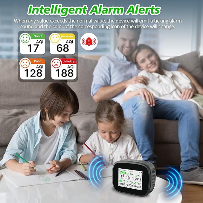 18-in-1 Smart Air Quality Monitor - Indoor WiFi Air Quality Detector with Dual Chip, Real-Time for AQI, CO2, PM2.5, PM1.0, PM10, TVOC, HCHO, Time, Temperature & Humidity with APP (Black-White)