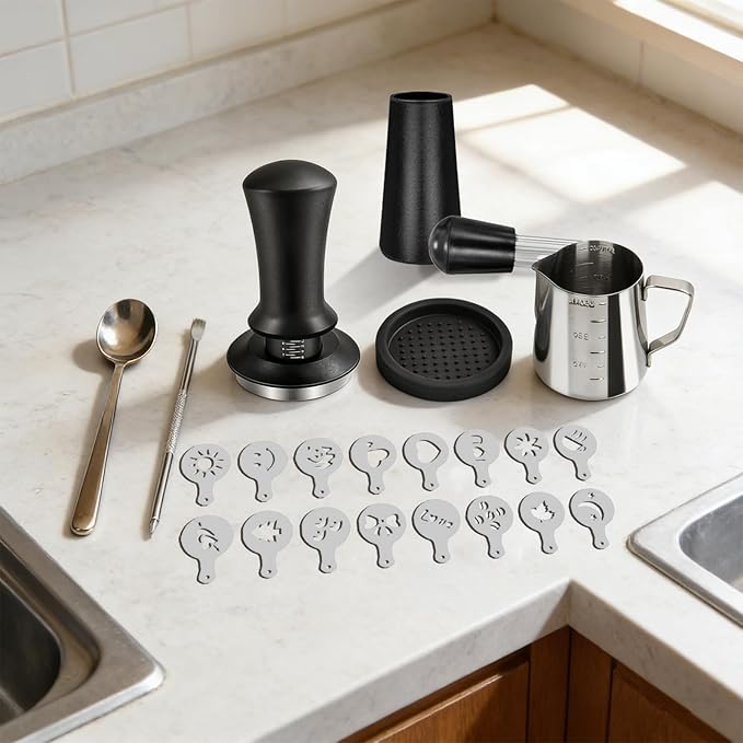 22 PCS Espresso Accessories Kit, Spring Loaded Calibrated Tamper, Spring Loaded Calibrated Tamper, WDT Tool and Dosing Funnel Set Fits Delonghi 58 mm Espresso Coffee Machines and Portafilter